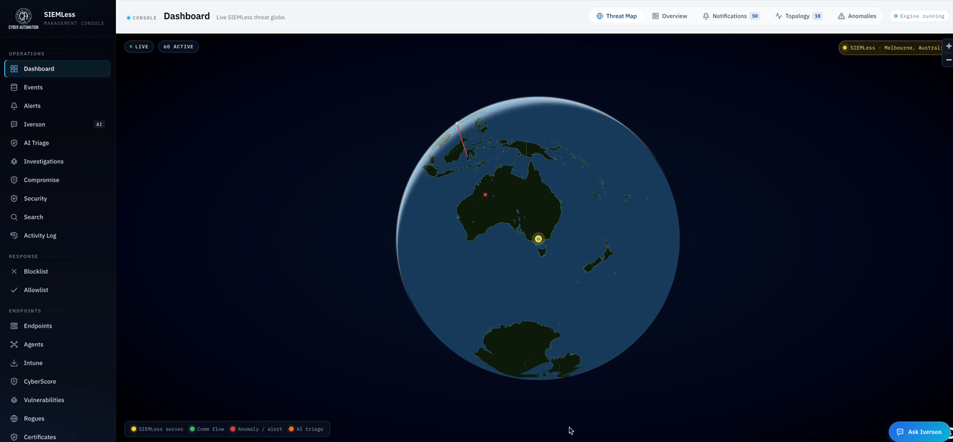 SIEMLess Cyber Visualiser — real-time threat map, topology, and communication flows